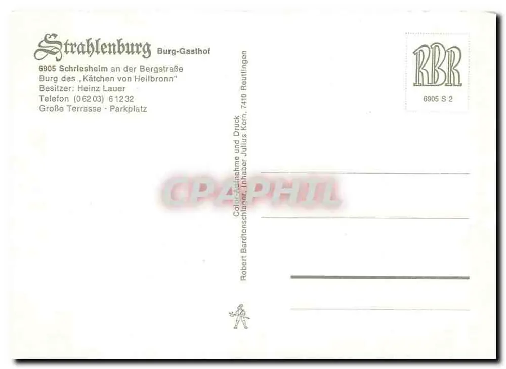 Ruinen des Schlosses Strahlenburg — Aussicht über die Weinberge — Verlag Robert Bardtenschäfer, Ickern - Rückseite