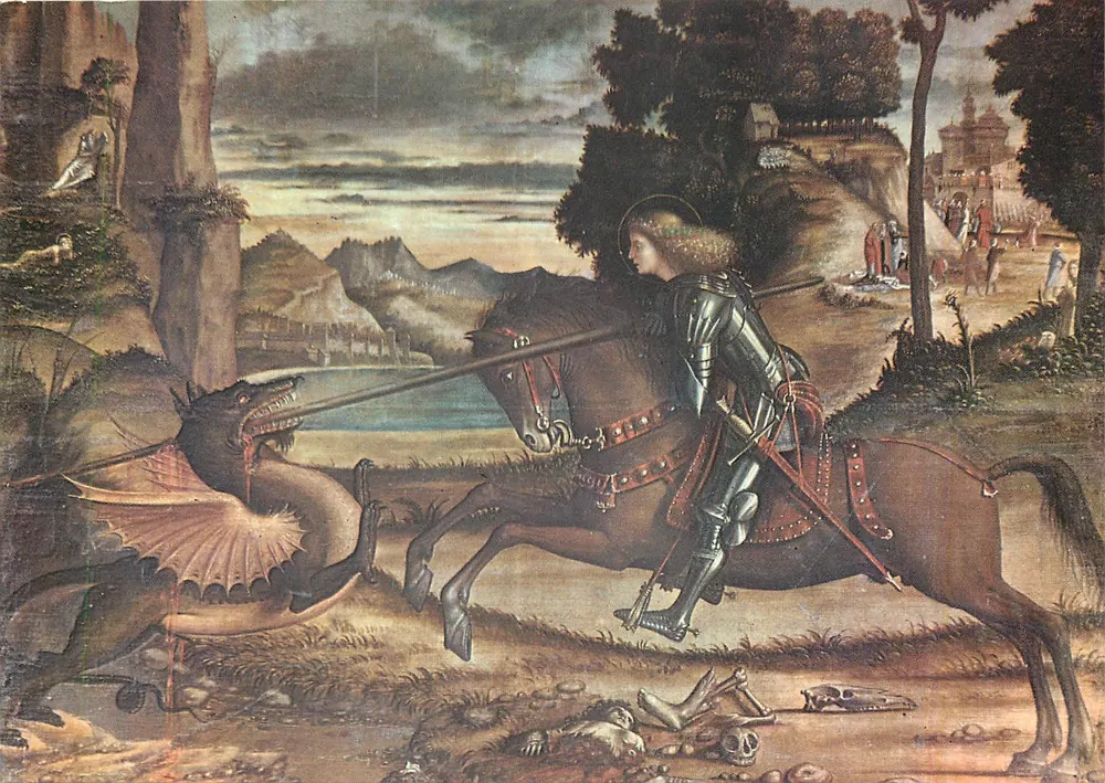 Heiliger Georg kämpft mit dem Drachen — Gemälde von Carpaccio — Basilika S. Giorgio Maggiore, Venedig - Vorderseite