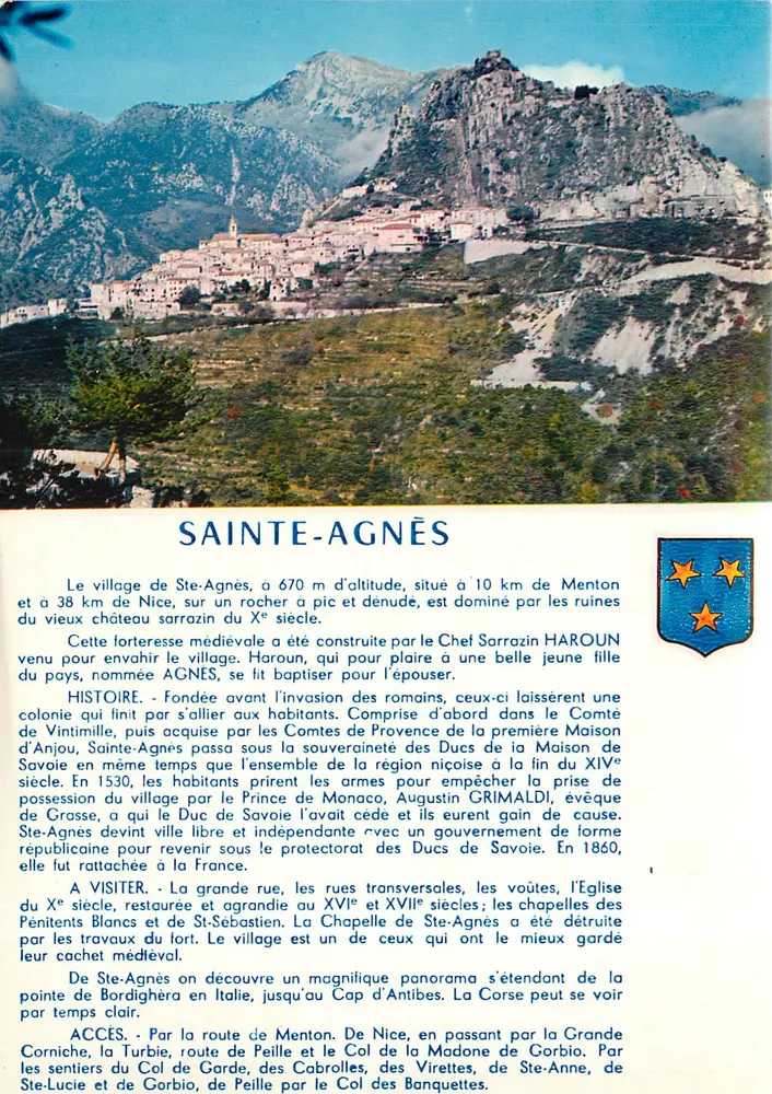 Sainte-Agnès — aldeia medieval dominando as ruínas do castelo Sarrazin — editor Elnacap, n° A 844 - Frente