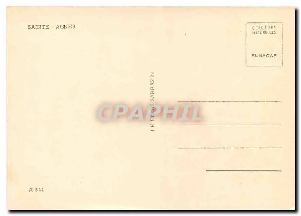 Sainte-Agnès — aldeia medieval dominando as ruínas do castelo Sarrazin — editor Elnacap, n° A 844 - Verso
