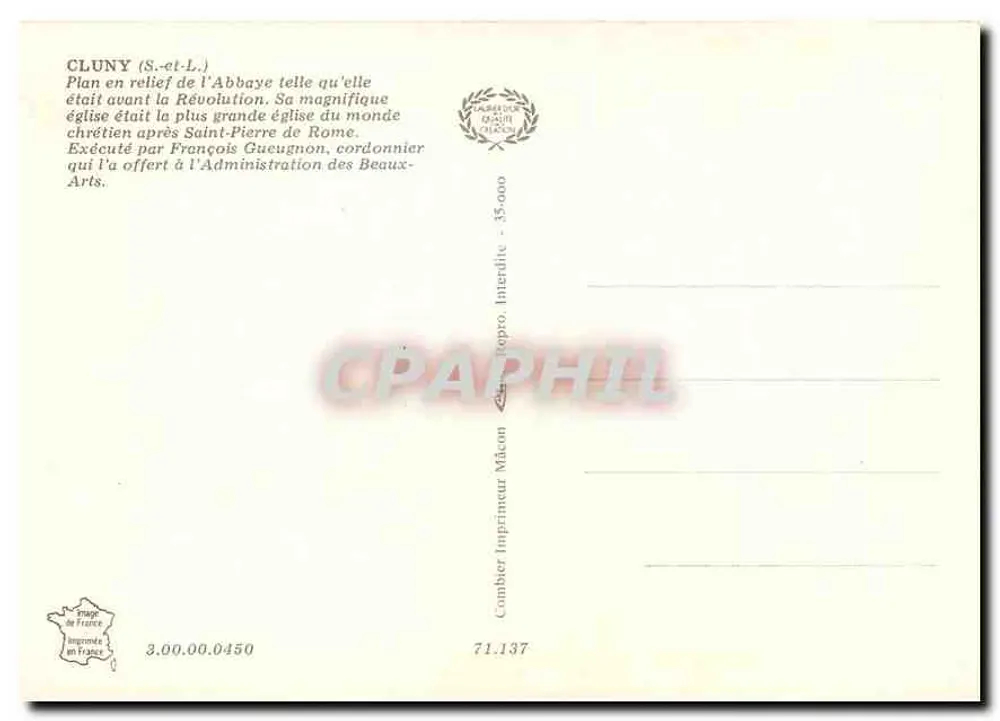 Cluny — Reliëfplan van de Abdijs zoals het was voor de Revolutie — Uitgevoerd door François Gueugnon, schoenmaker - Achterkant