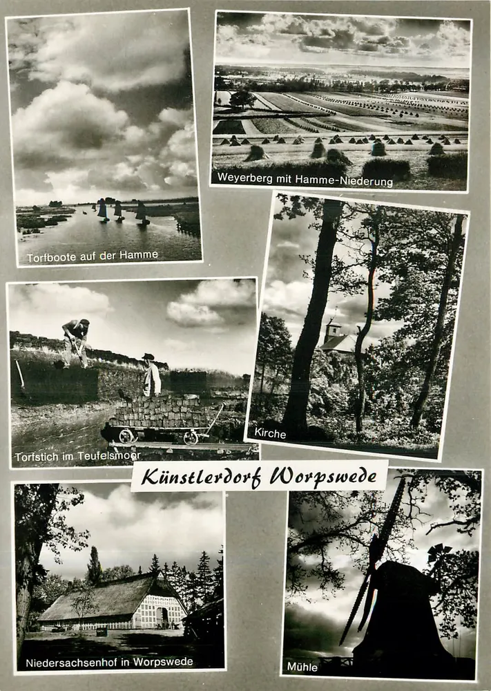 Vila artística de Worpswede — barcos de turfa na Hamme, Weyerberg com a Hamme-Niederung, igreja, corte de turfa no Teufelsmoor, Niedersachsenhof, moinho - Frente