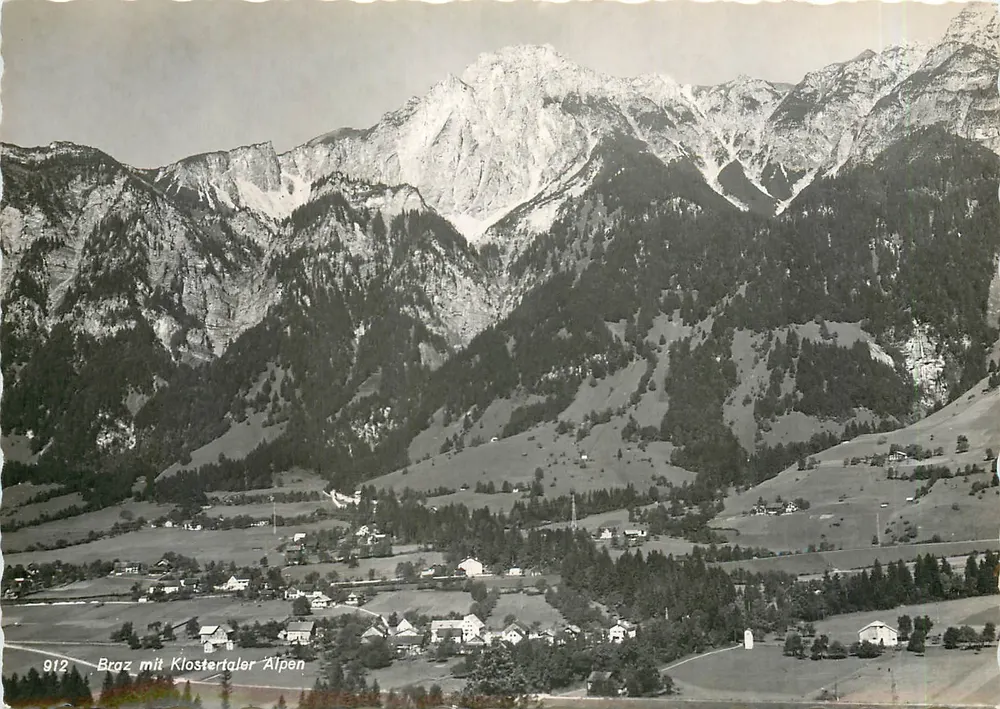 Braz mit Klostertaler Alpen — 912 — Gasthof Traube, Robert Lörünser, Braz/Vibg. - Frente