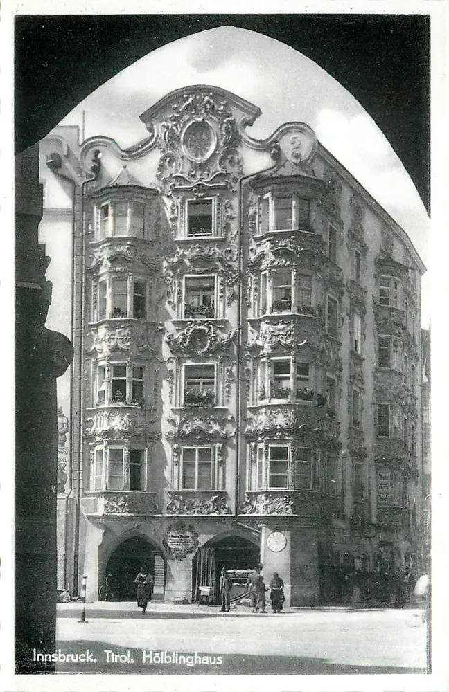 Innsbruck, Tyrol. Hölblinghaus — view of a baroque building with ornate details — publisher Innsbruck, Domgasse 8 - Front