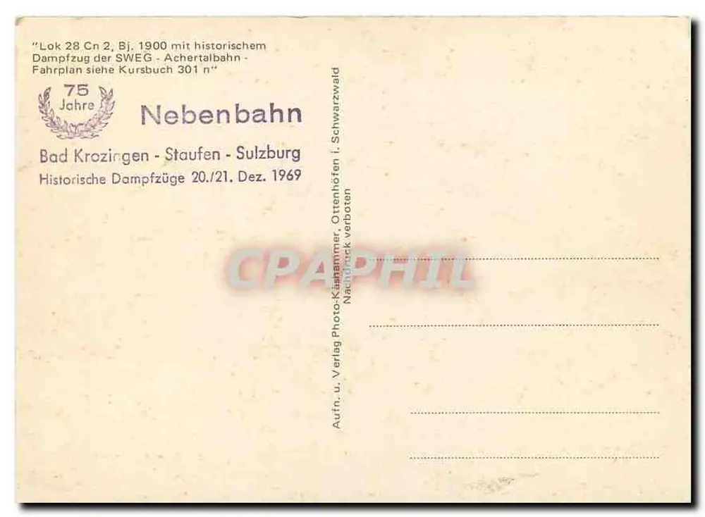 लोक 28 सीएन 2, बीज. 1900 — स्वेग के डैम्प्फजुग अचर्टलबाहन — 75 वर्ष नेबेनबाहन बाड़ क्रोजिंगेन - स्टॉफेन - सुल्जबर्ब — फोटो-काहामर, वर्लग उ. वर्लग, दिसंबर 1969 - पीछे