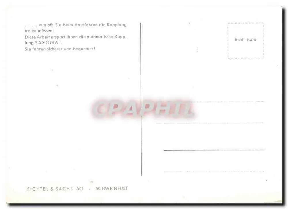 Mulher ao volante de um carro — publicidade para a caixa de câmbio automática SAXOMAT — Fichtel & Sachs AG, Schweinfurt - Verso