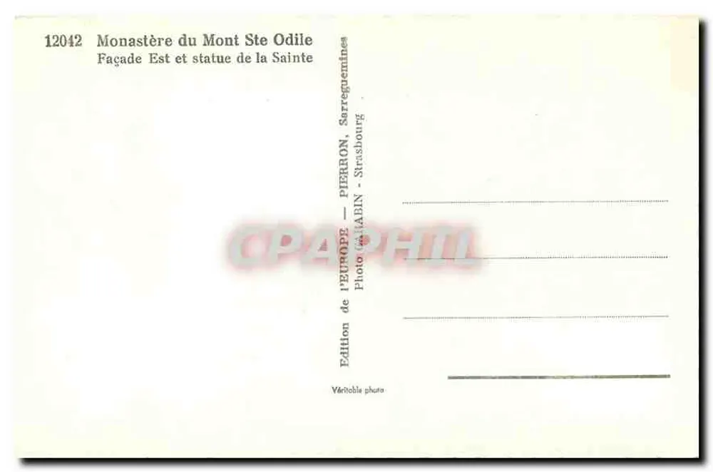 Monastère du Mont Sainte-Odile — Façade Est et statue de la Sainte — Édition de Pierron, Strasbourg - Verso