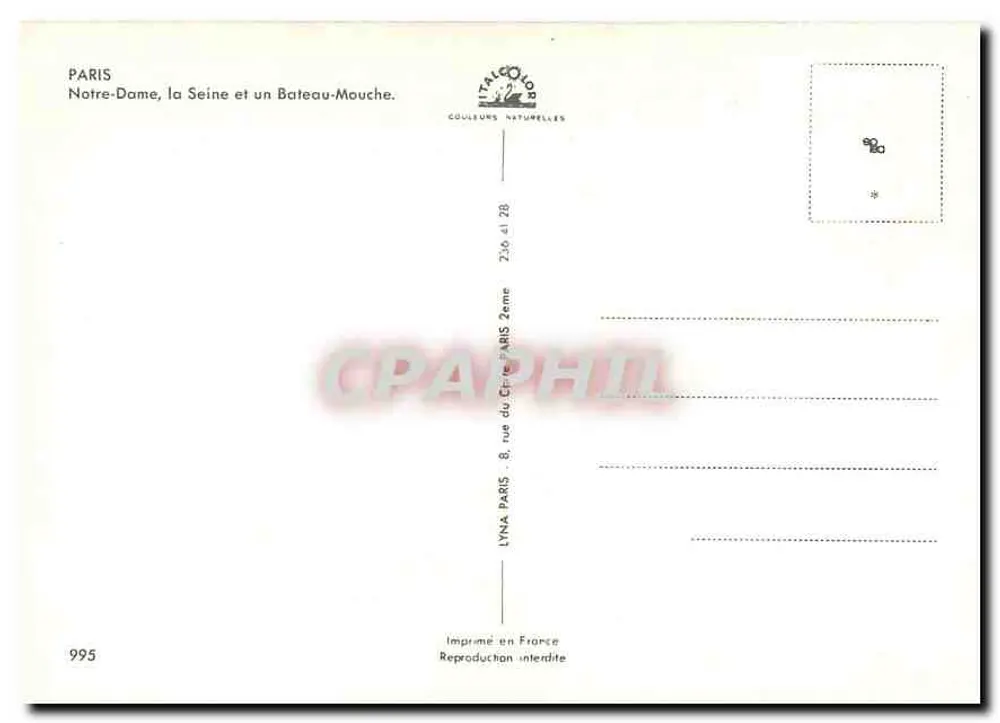 Notre-Dame de Paris — la Seine et un bateau-mouche — LYNIA PARIS, n°995 - Verso