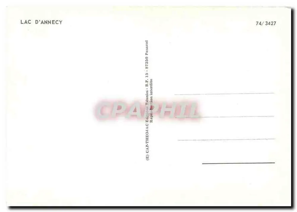 Lago de Annecy — vista panorâmica — Edições Réunies Panazol, n° 74/3427 - Verso