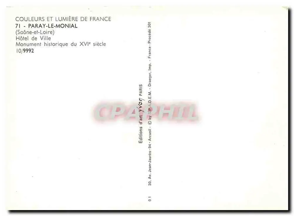 Paray-le-Monial — Hotel de Ville do século XVI — Éditions d'art Yvor - Verso