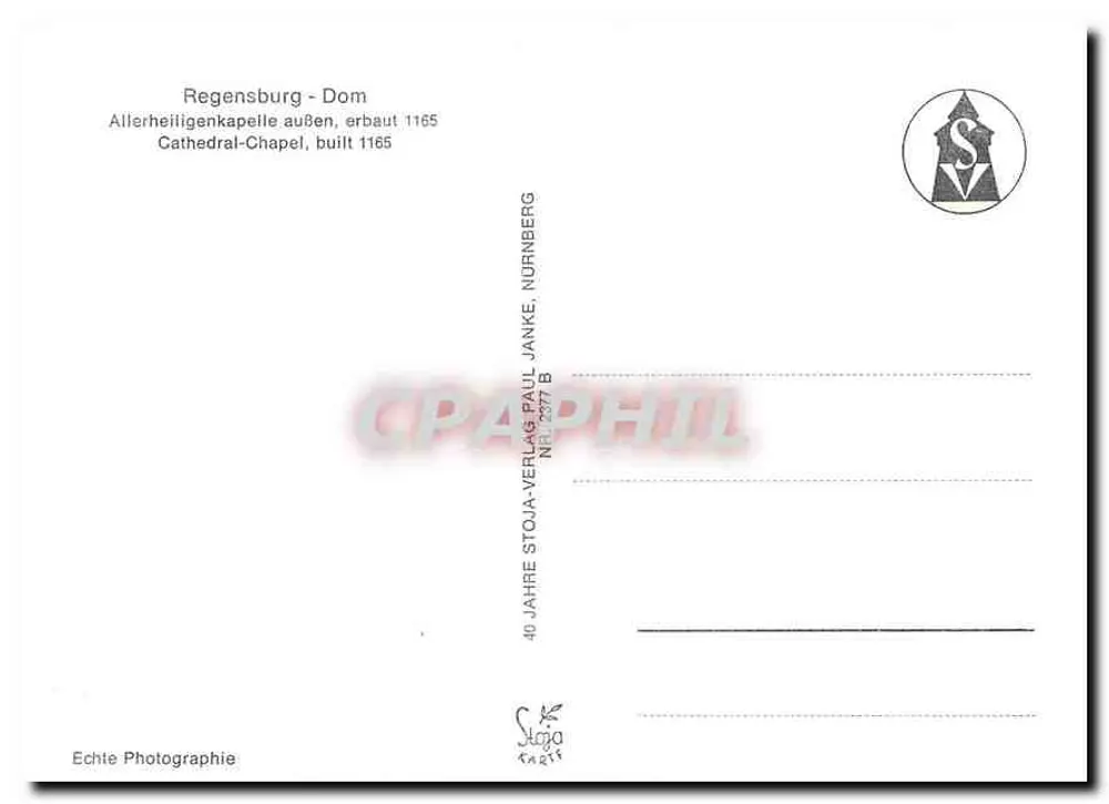 Regensburg - Catedral — Capela de Todos os Santos, editor Paul Janke, Nürnberg, n° 2377 B - Verso