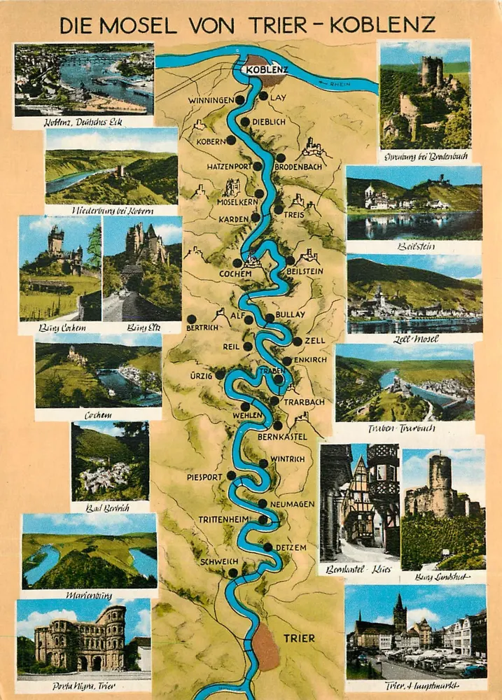 A Mosela de Trier a Koblenz — Carta postal ilustrada com mapa e fotos de locais — editor Niko Haas, Trier - Frente
