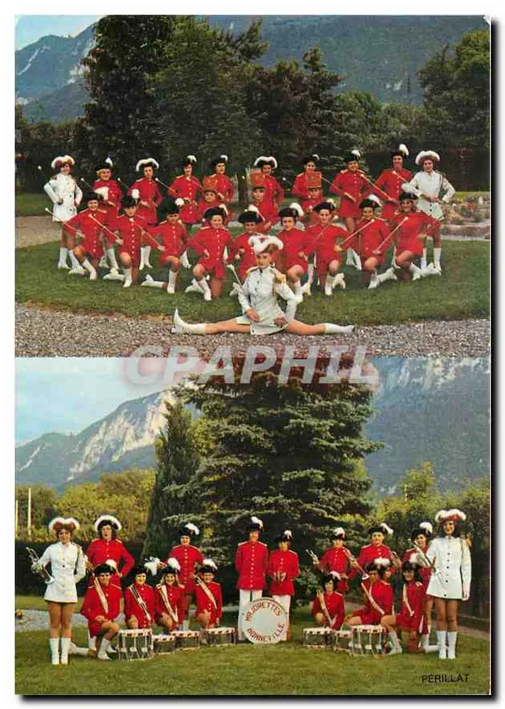 As Majorettes de Bonneville — grupo de dançarinos em traje vermelho e branco — editor Perillat, n° 1243 - Frente