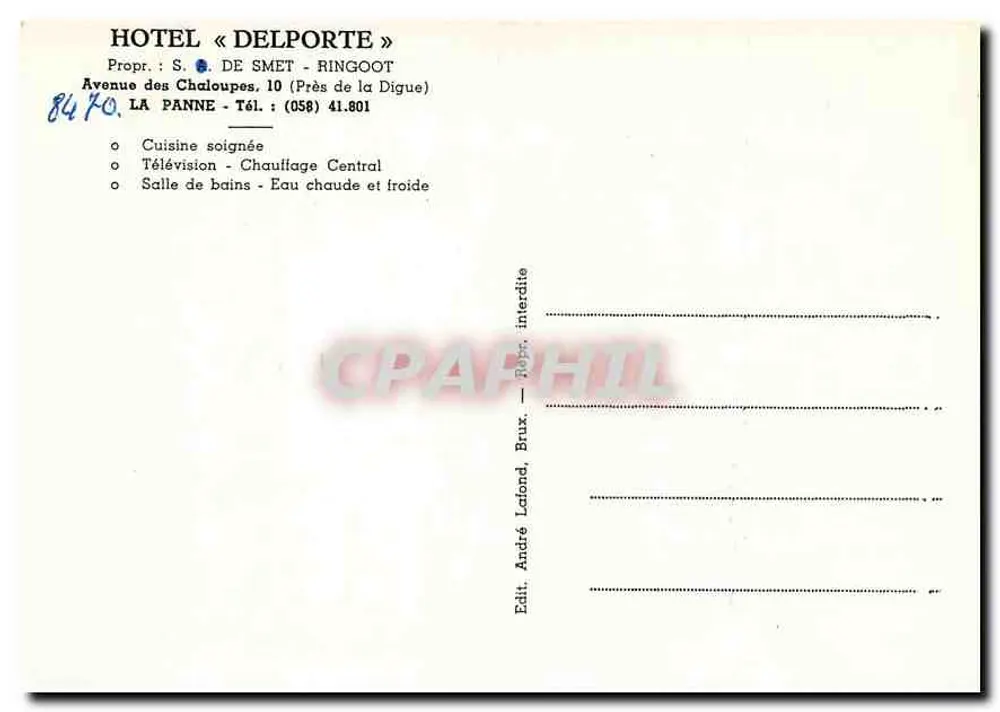 Hotel Delporte — La Panne — Editor André Lalond, Bruxelas - Verso