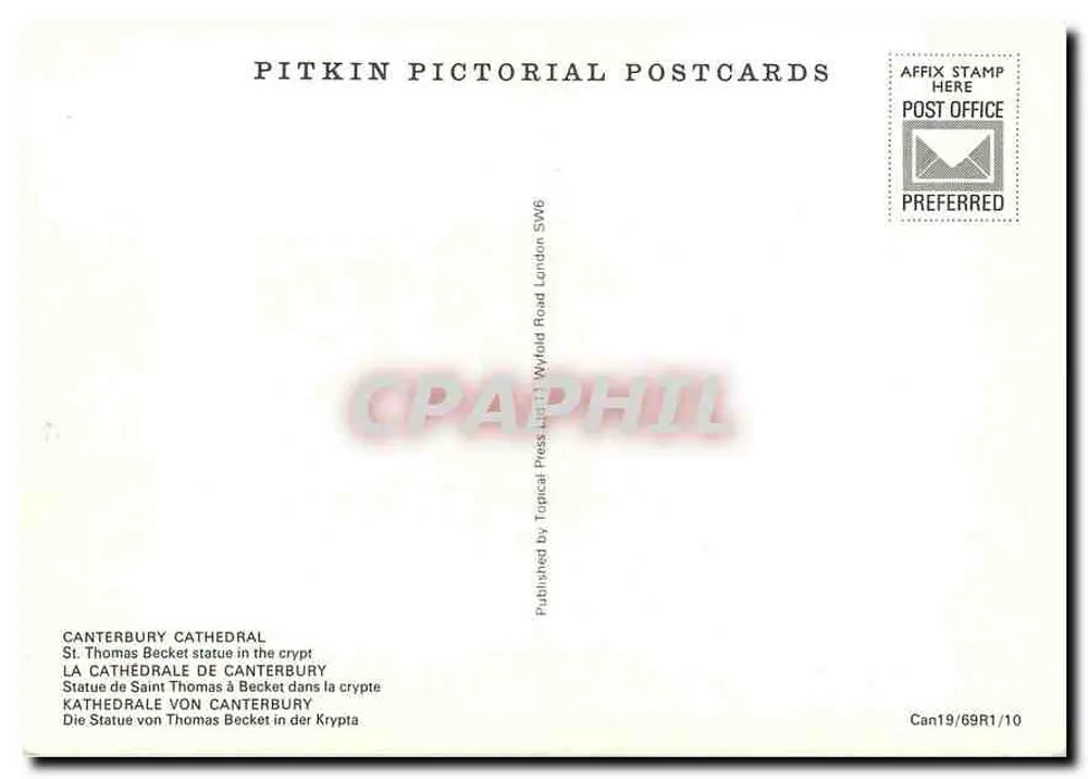 칸터베리 대성당의 세인트 토머스 베크릿 성상 — Pitkin Pictorial Postcards - 뒷면