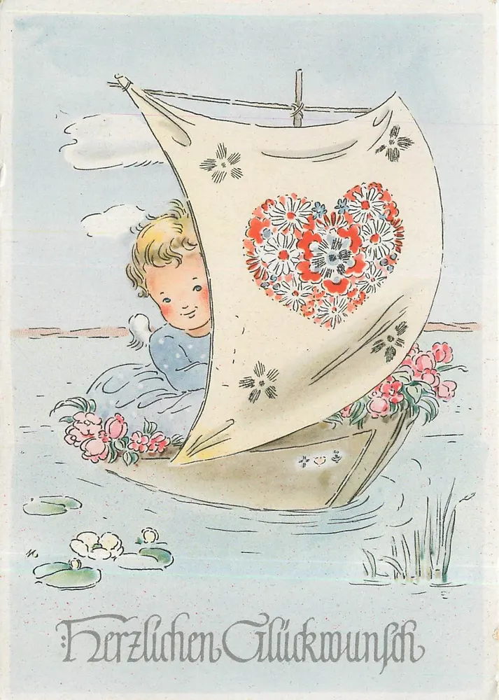 Criança em um barco a vela — vela decorada com um coração de flores — Linkhand-Verlag, München 9 - Frente