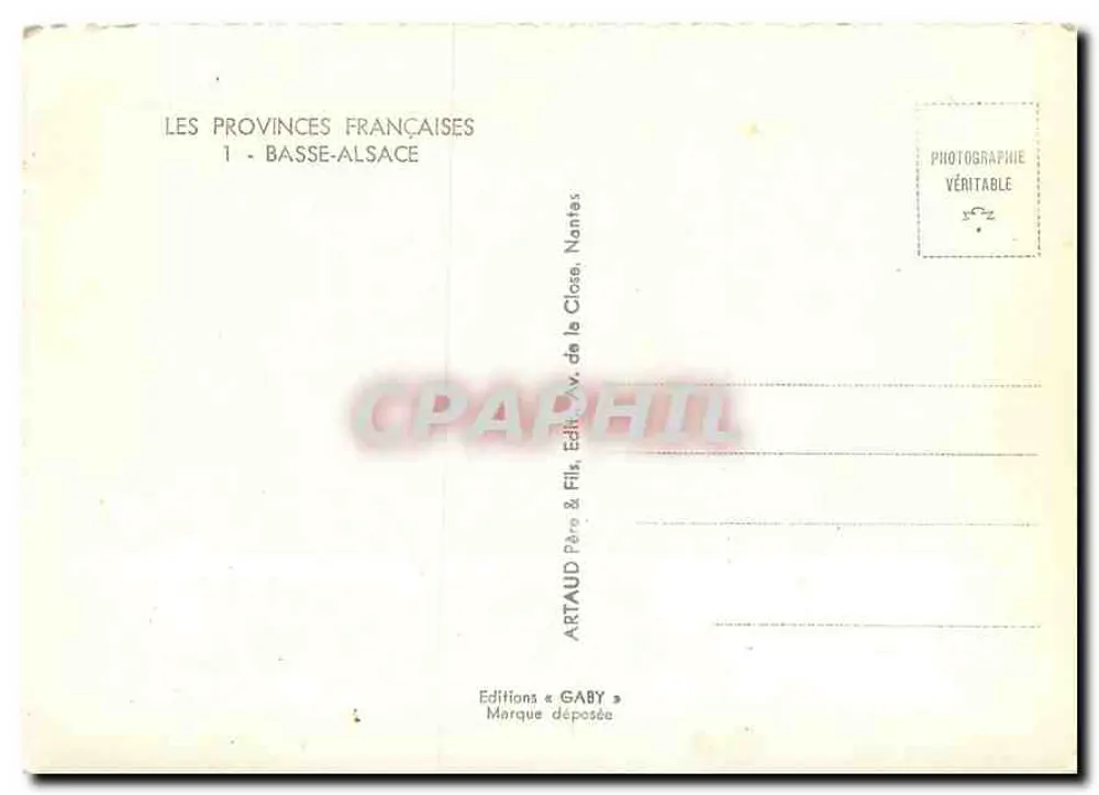 Basse-Alsace — Carta postal ilustrada com locais e nomes de lugares — Edições Gaby, Nantes - Verso