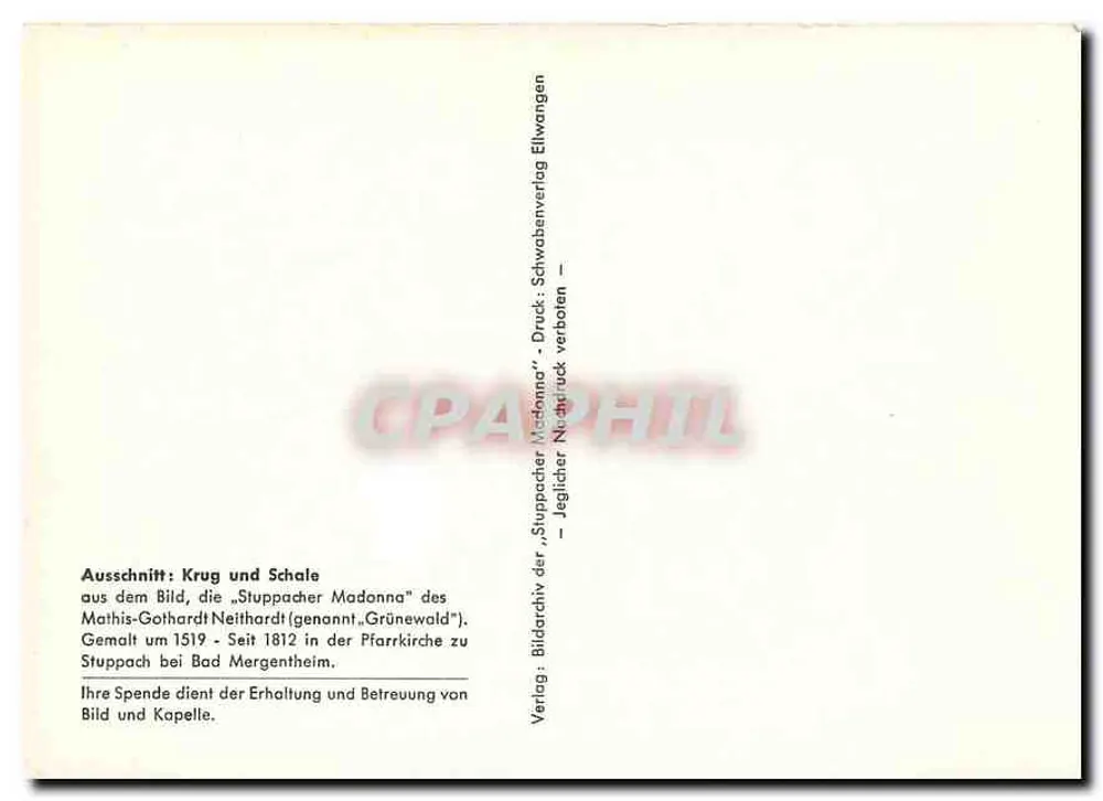 Garrafa e tigela — detalhe da «Stuppacher Madonna» — Verlag Bildarchiv Ellwangen - Verso