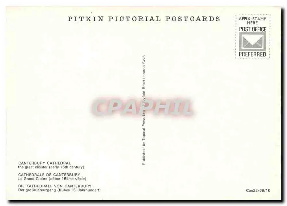 Canterbury Cathedral — der große Cloister (Anfang des 15. Jahrhunderts) — Pitkin Pictorial Postcards - Rückseite