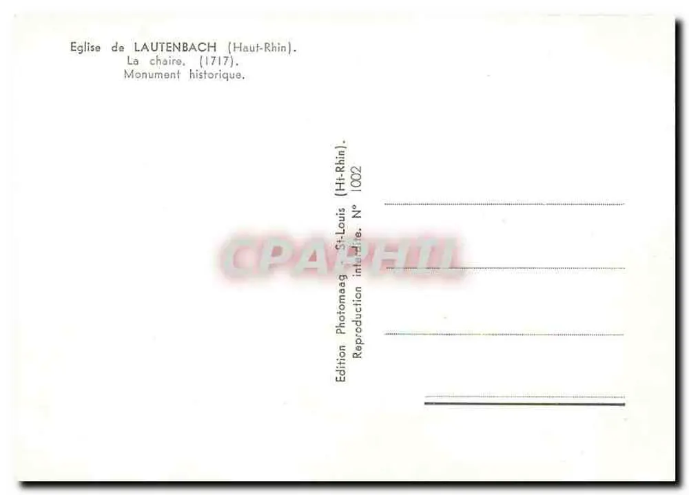 Kirche von Lautenbach (Haut-Rhin) — Die Kanzel (1717) — Edition Photomaag St-Louis, Nr. 1002 - Rückseite