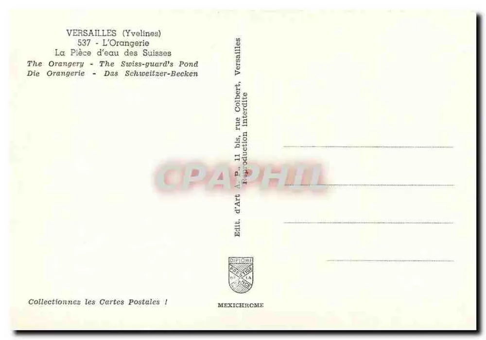Versailles (Yvelines) — La Vista dell'Orangerie, La Piazza dell'Acqua dei Svizzeri — Ed. d'Art A.P., rue Colbert, Versailles - Verso