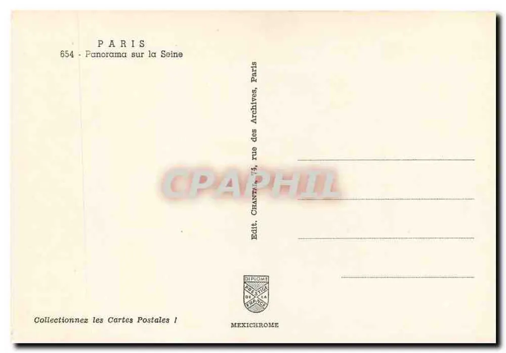 Paris - Panorama sobre a Sena — editor Charnay, n° 654 - Verso