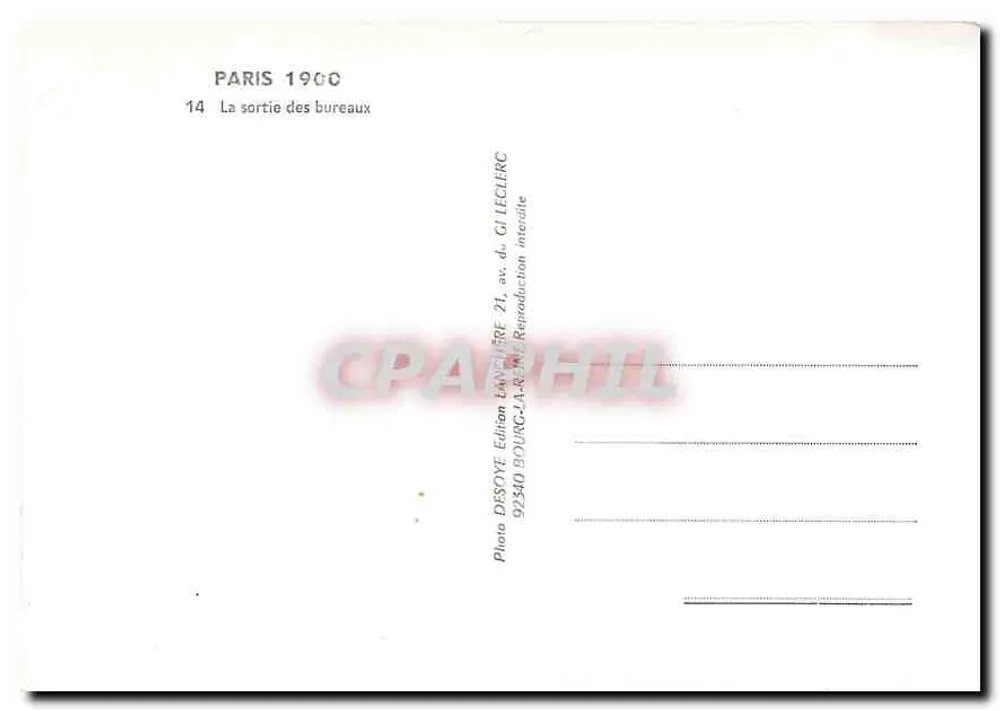 Paris 1900 — A saída dos escritórios — Photo Desoye, Édition Boulanger - Verso