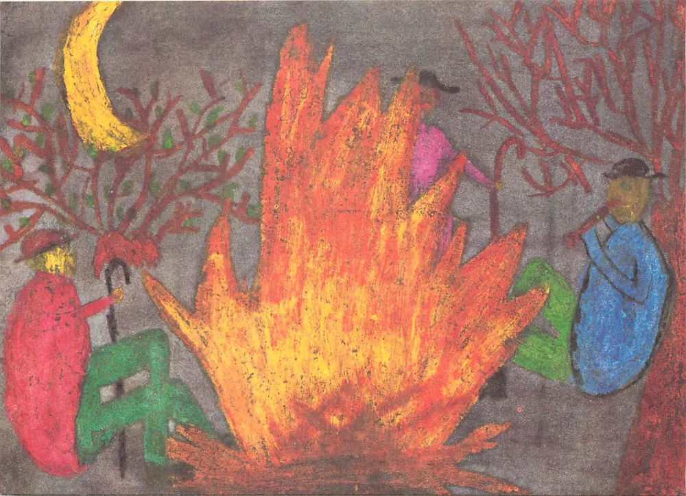 Fogueira de acampamento sob a lua — ilustração estilizada — Viola, 12 anos, W5/75 - Frente