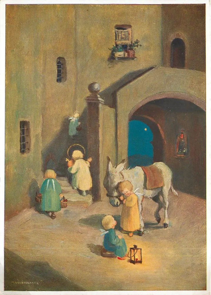 Crianças e jumento em uma rua lateral — cena de Natal — Schönermark, n° 4602 - Frente