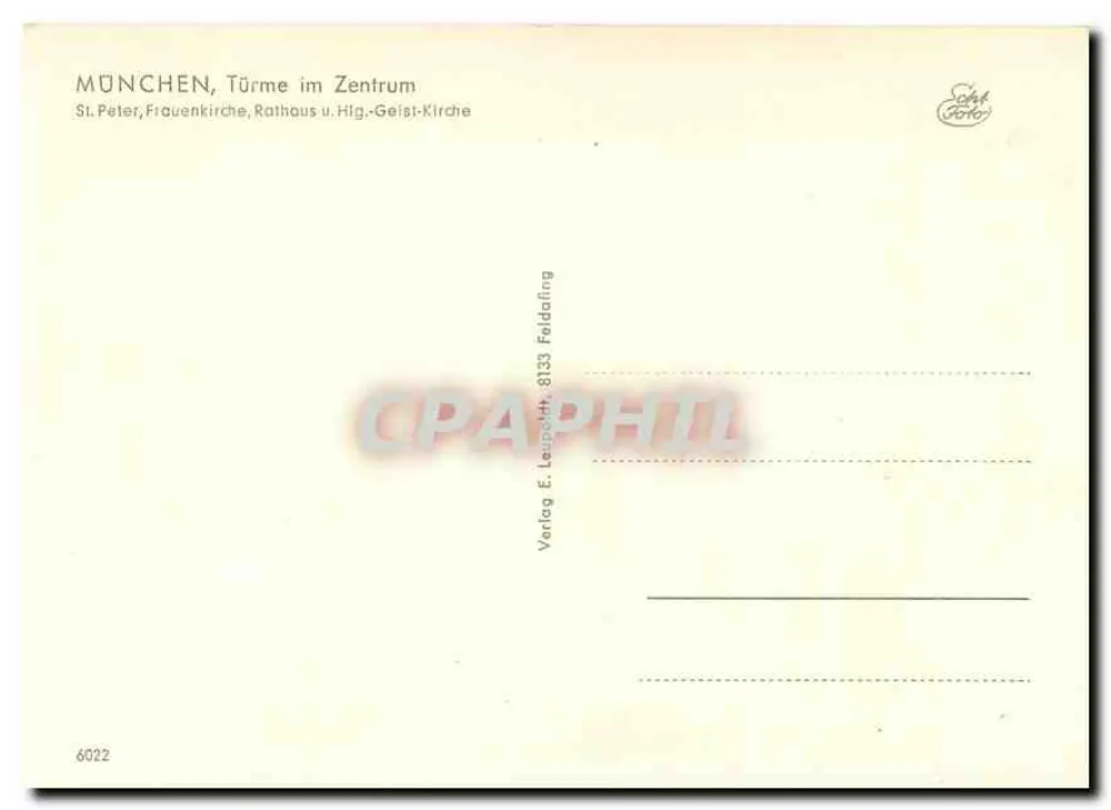 Munich, Towers and Churches in the Center — Verlag E. Lespelt, 8133 Feldafing, No. 6022 - Back