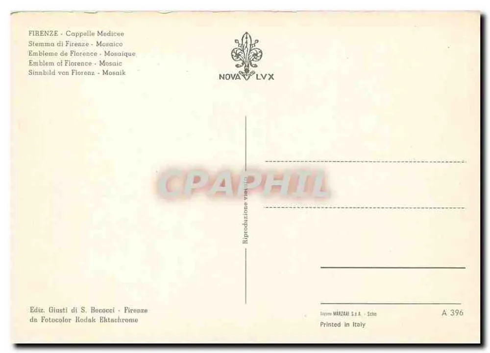 Florentiae Civitas — Escudo de Florença — Editor Giusti di S. Bococci, série A 396 - Verso