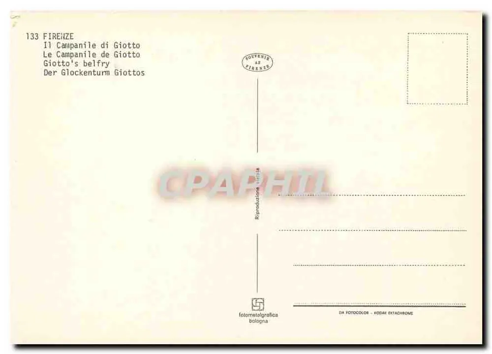 O Campanile de Giotto — Florença — editor Fotometalgrafica Bologna, n° 133 - Verso