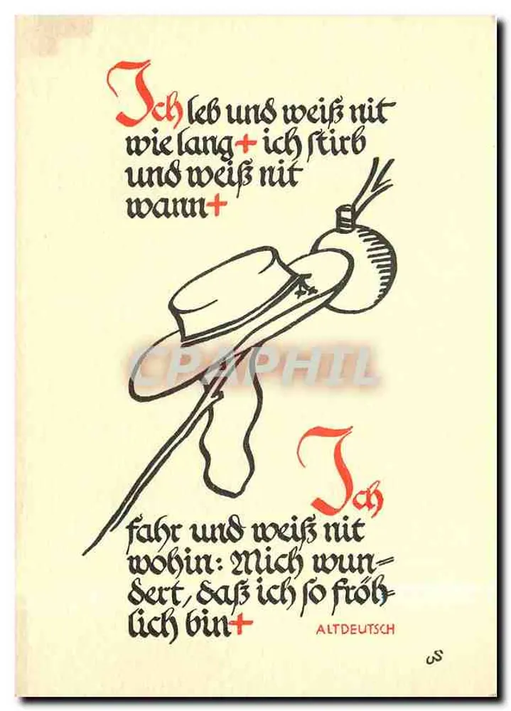Poema em alemão antigo — texto em gótico com ilustração — editor Kunstverlag Oby, n° 1814 - Frente