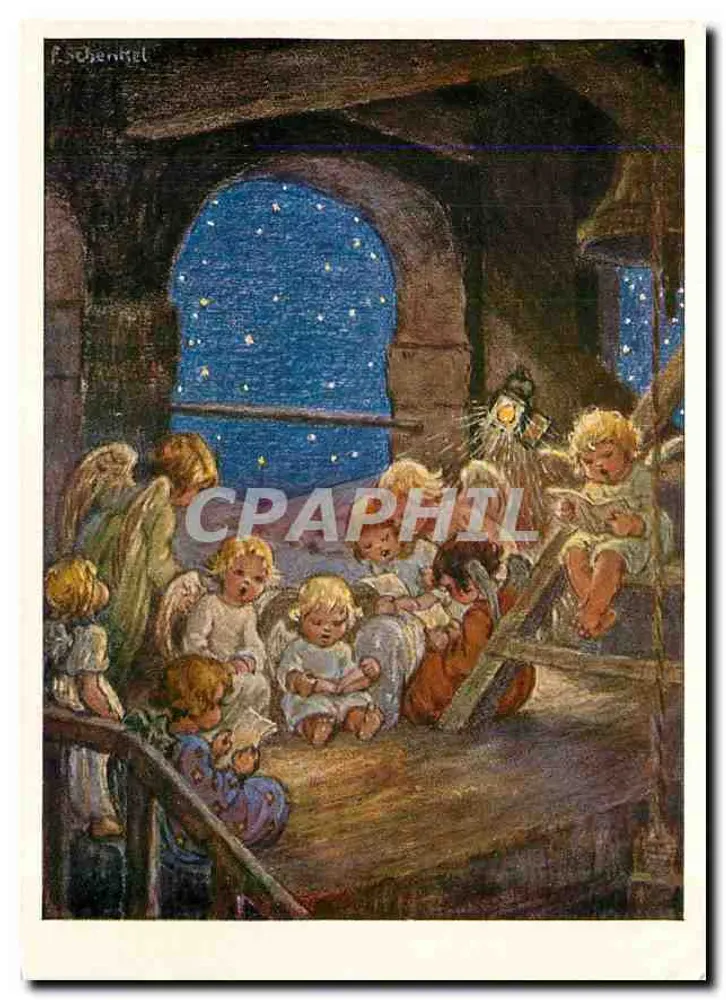 Natividad — escena con niños y ángeles — editor Wiechmann, n° 779 - Anverso