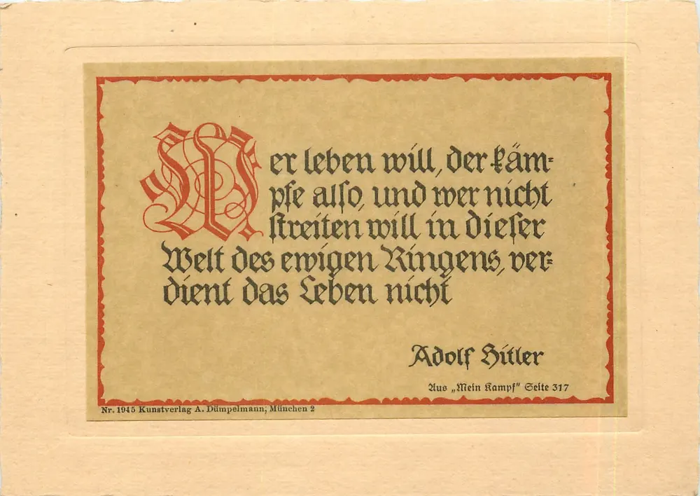 Citación de Adolf Hitler — « Wer leben will, der kämpfe also... » — Kunstverlag A. Dümpelmann, München 2, Nr. 1945 - Anverso