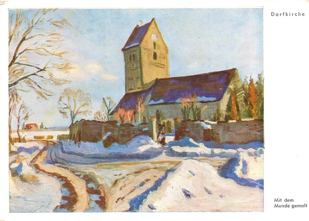 Igreja do vilarejo — pintura a óleo por Munde — Dennoch-Künstlerkarte Nr. 430 - Frente