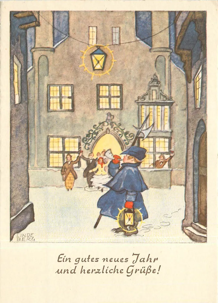 Fête de fin d'année — rue enneigée — Linde Berg - Recto