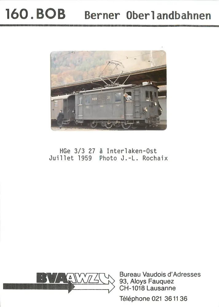 HGe 3/3 27 nach Interlaken-Ost — Berner Oberlandbahnen — Vaudois Address Bureau - Vorderseite