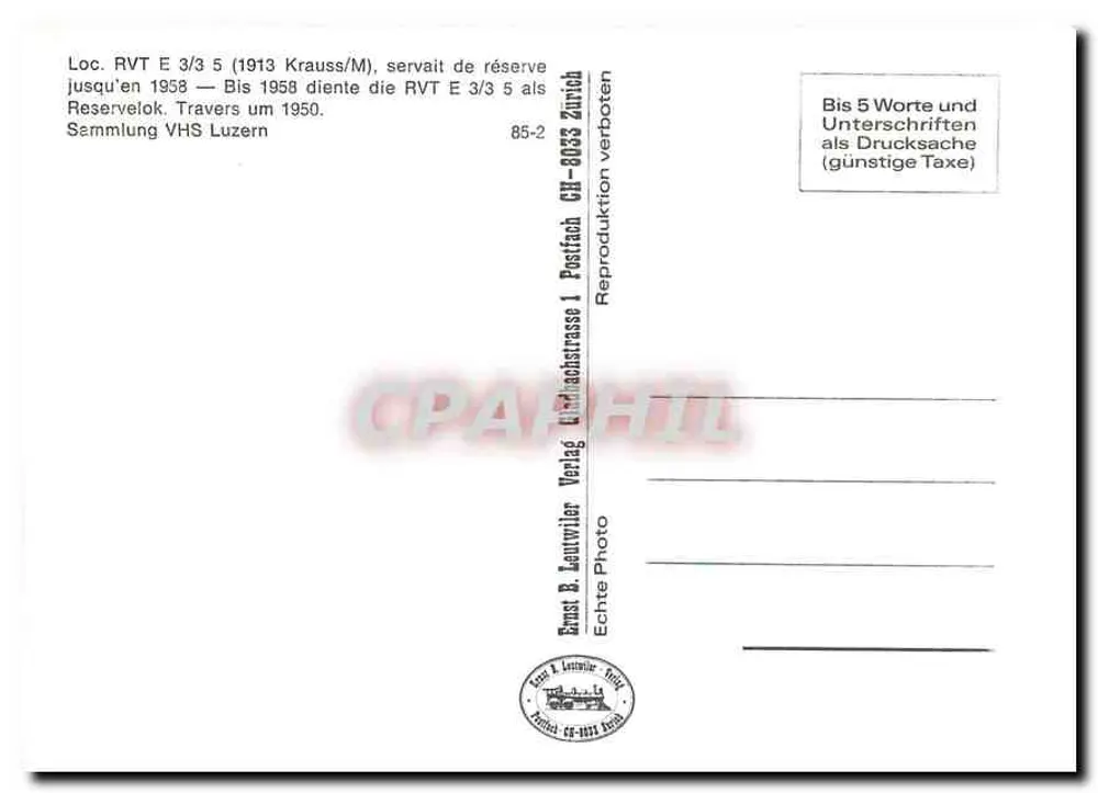 Trem a vapor RVT E 3/3 — Zurique — Ernst B. Leutwiler - Verso