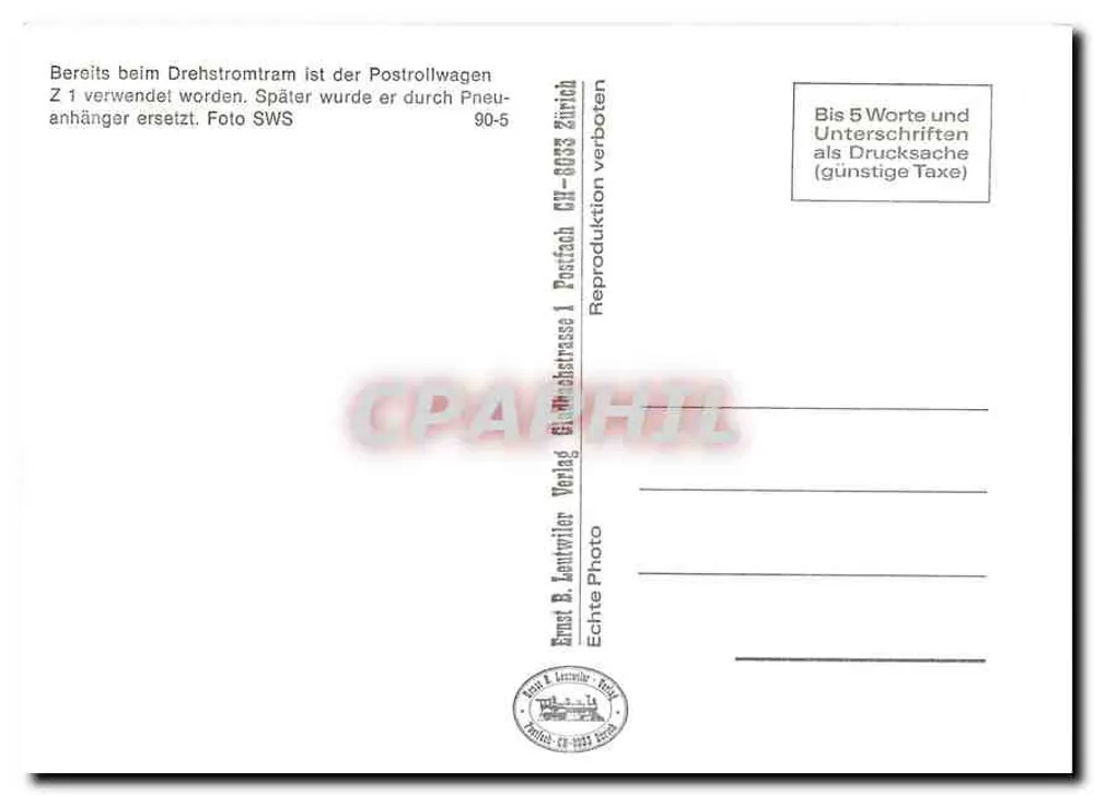 Postal Wagon Z 1 — Schapye-Seewen — Ernst B. Kuntwiler, Zurich - Back
