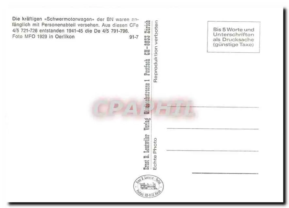 Elektrischer Zug BN 721 — Serie 4/5 — Verlag Ernst B. Leutwyler, Zürich - Rückseite