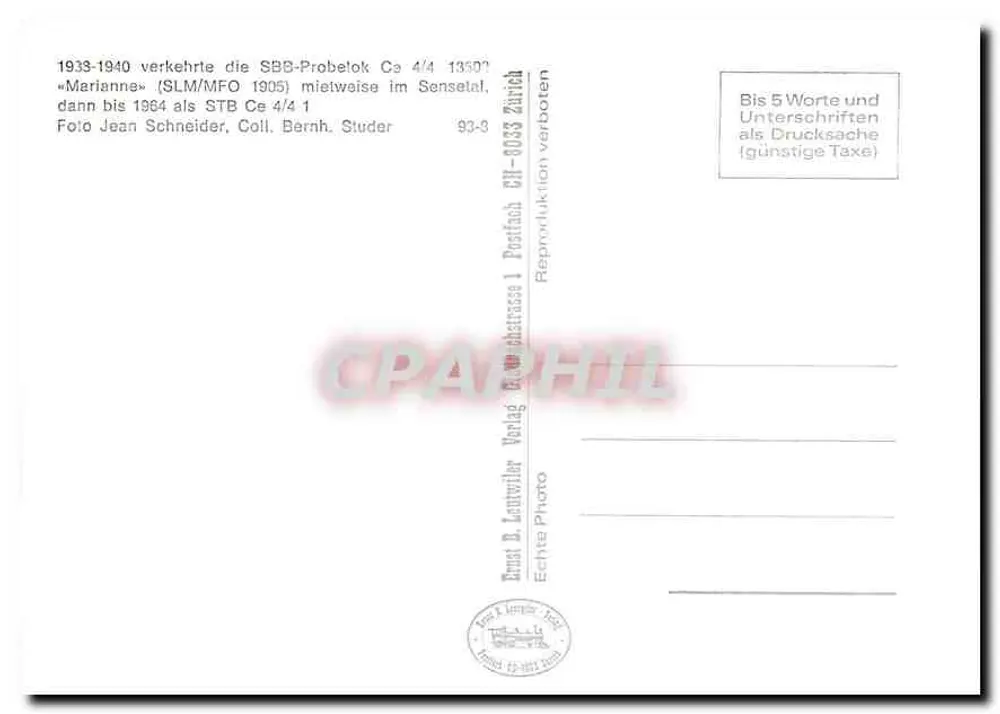 Elektrischer Zug SBB Ce 4/4 « Marianne » — Schweiz — Verleger Ernest B. Lennwiler, Bern - Rückseite