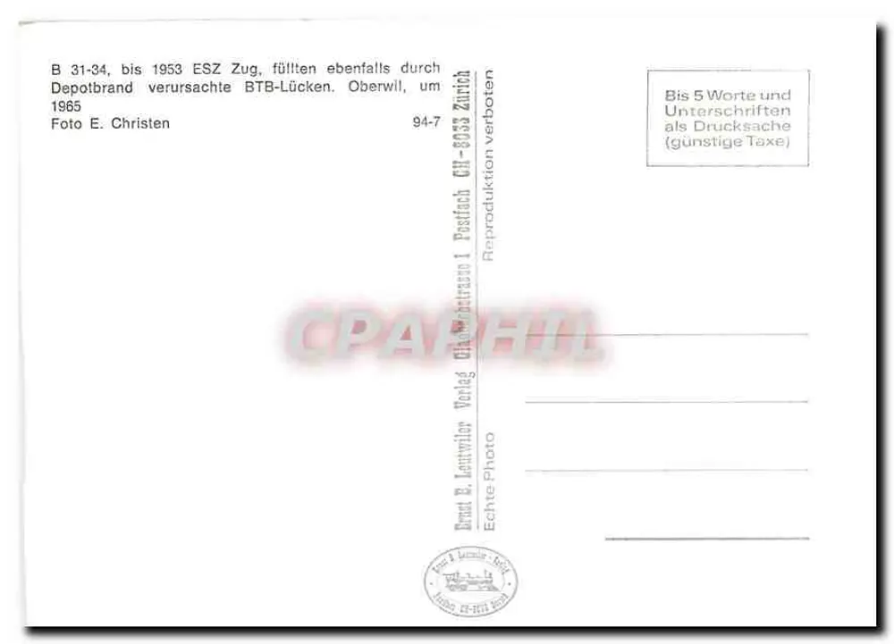 Trem BTB Nichtraucher — depósito Oberwil — editor E. Lattwiller, Zurique - Verso