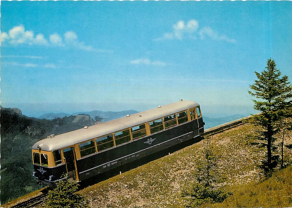 Journey to the Schafberg Summit, 1780 m — with the new Diesel-Triebwagen — publisher Cosy-Verlag, Alfred Gründler, A-8013 Salzburg - Front