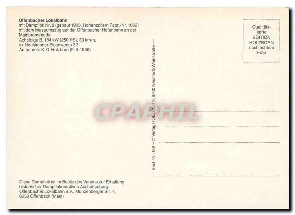 Trem a vapor na linha de Offenbach — Museu — Edição Holzborn - Verso