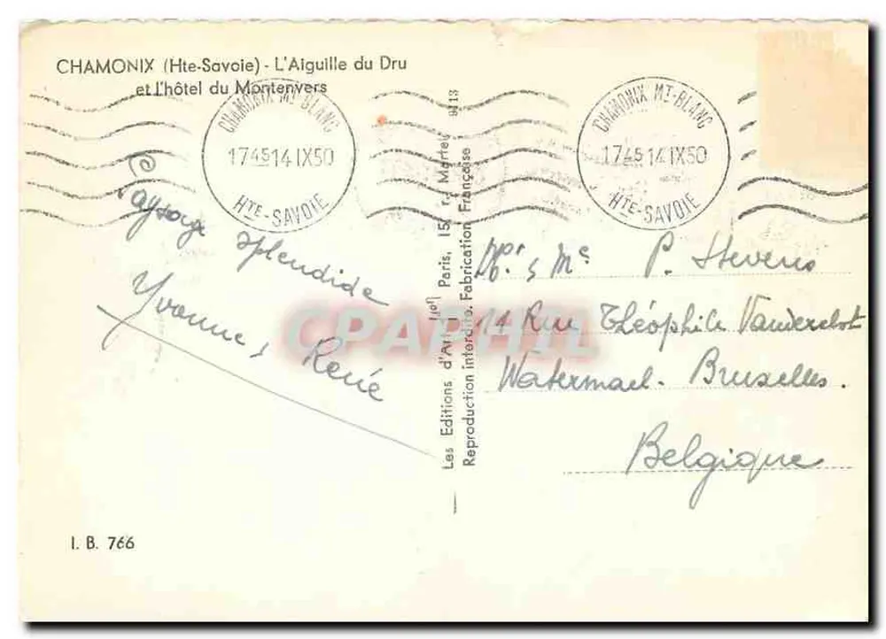 Chamonix (Haute-Savoie) - Ansicht der Aiguille du Dru und des Hotels Montenvers — Les Éditions d'Art, Paris, Nr. I.B. 766 - Rückseite