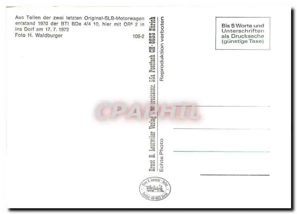Ins Dorf — Tramway BTI BDe 4/4 10 — Ernst B. Leutwiler Verlag - Verso