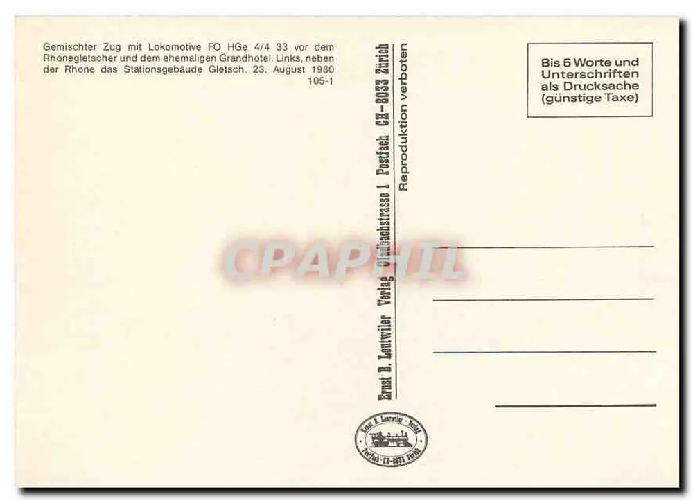 Gletsch — Trem misto com locomotiva FO HGe 4/4 33 diante do Rio Reno e do antigo Grand Hôtel — Ernst B. Lentwiler Verlag - Verso