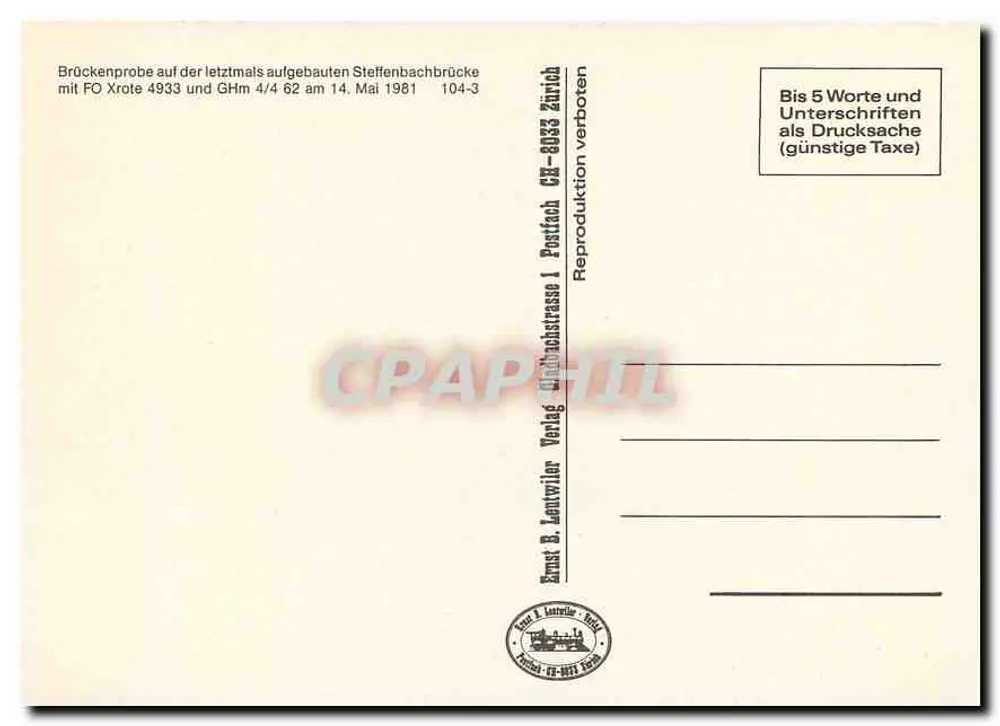 Brücke über Steffenbergbach — Brückentest mit FO Xrote 4933 und GHm 4/4 62 — Ernst B. Lentwiler Verlag, 104-3 - Rückseite