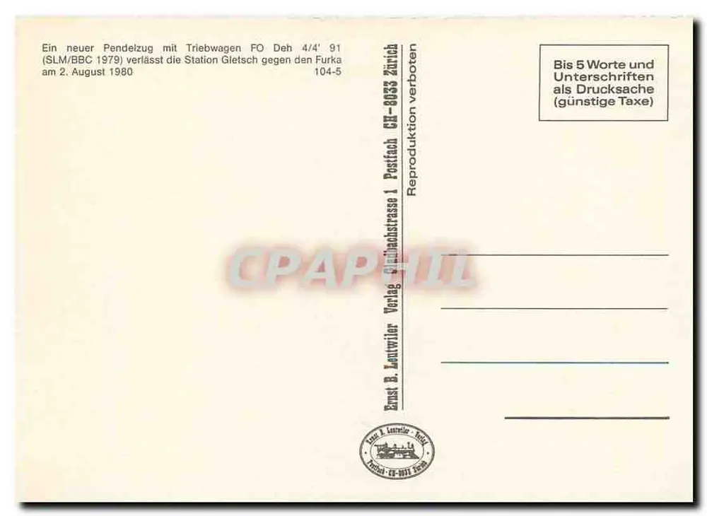 Train FO à Gletsch — SLM/BBC 1979 — Ernst B. Lenzwiler, Zurich - Verso